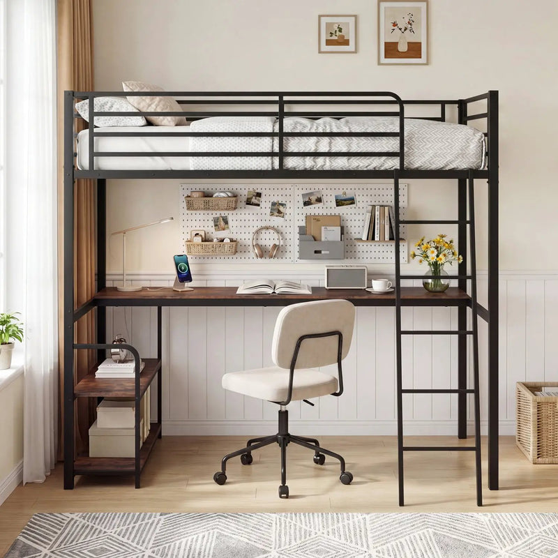 Twin Loft Bed with Desk and Shelves for Kids and Adults by DirectDeals