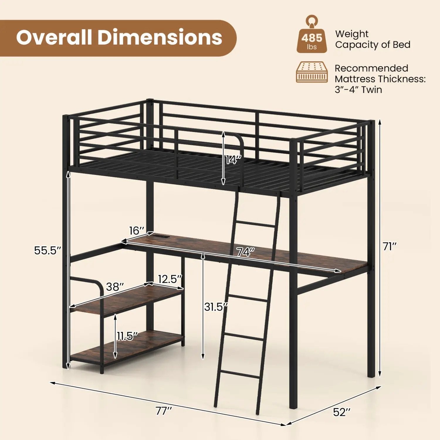 Twin Loft Bed with Desk and Shelves for Kids and Adults by DirectDeals