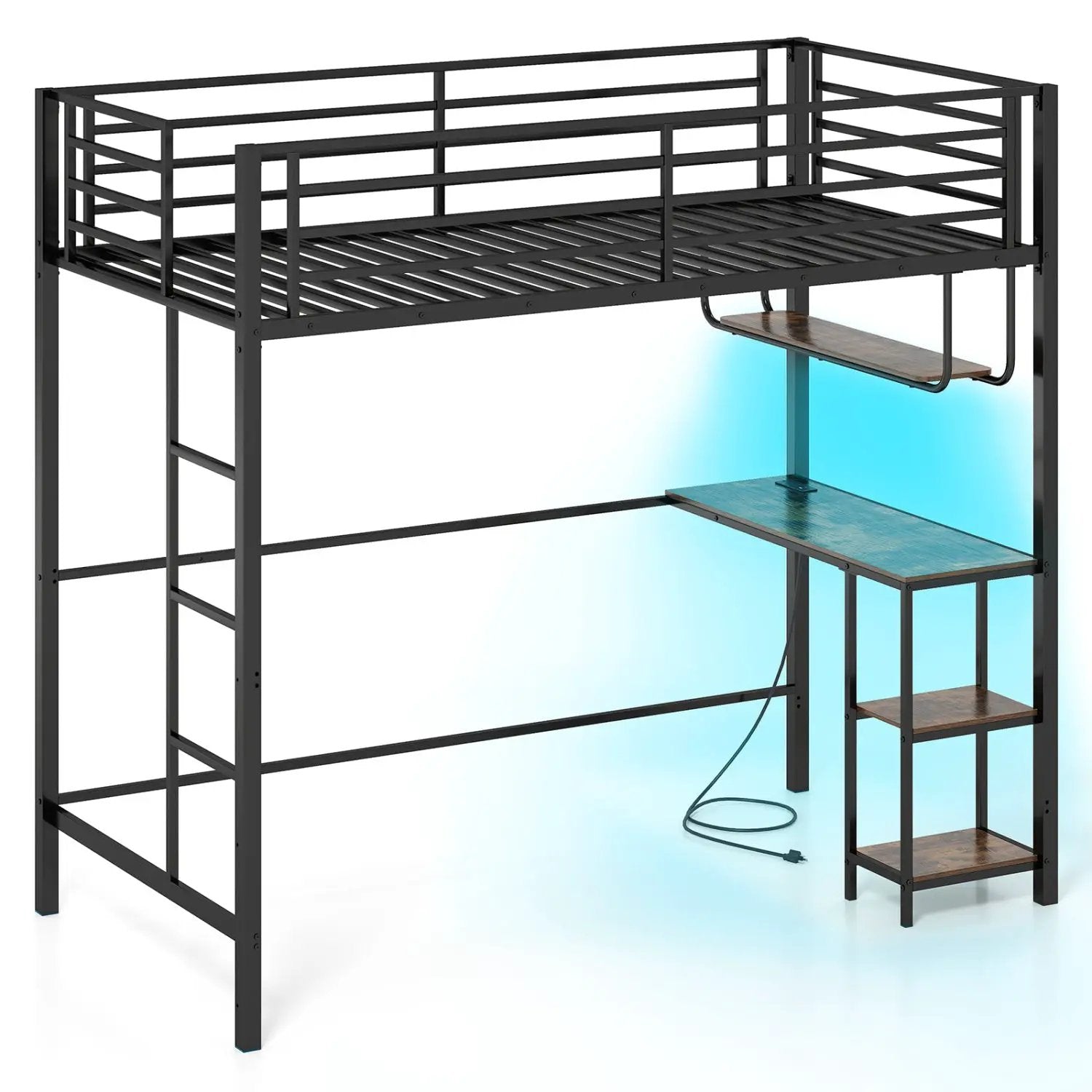 Twin Loft Bed with Desk LED Lights Charging Station Heavy-duty Metal Bed Frame with Guardrail by DirectDeals