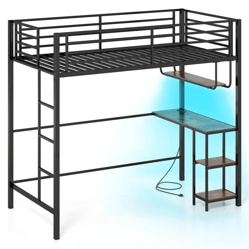 Twin Loft Bed with Desk LED Lights Charging Station Heavy-duty Metal Bed Frame with Guardrail by DirectDeals