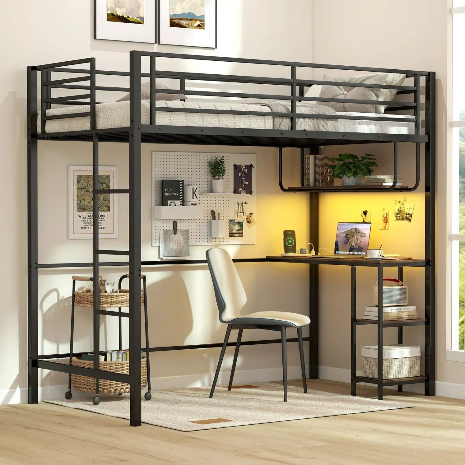 Twin Loft Bed with Desk LED Lights Charging Station Heavy-duty Metal Bed Frame with Guardrail by DirectDeals