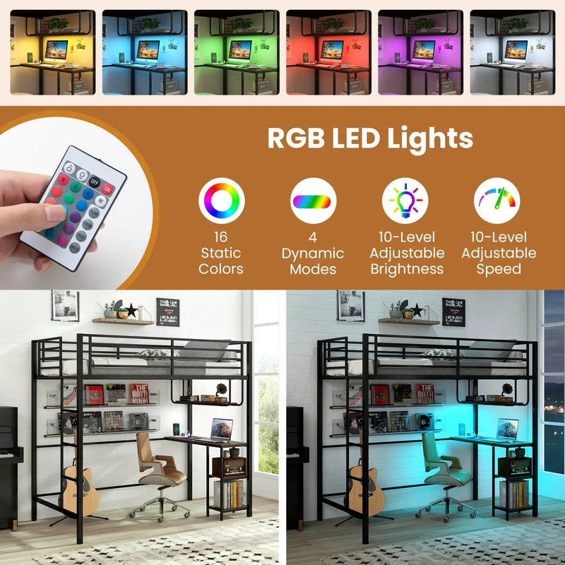 Twin Loft Bed with Desk LED Lights Charging Station Heavy-duty Metal Bed Frame with Guardrail by DirectDeals