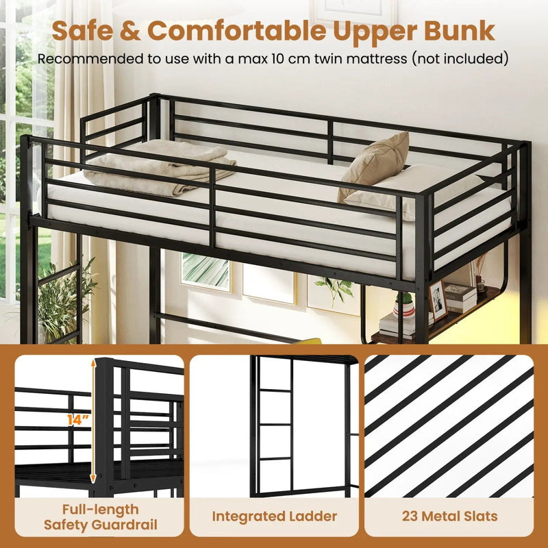 Twin Loft Bed with Desk LED Lights Charging Station Heavy-duty Metal Bed Frame with Guardrail by DirectDeals