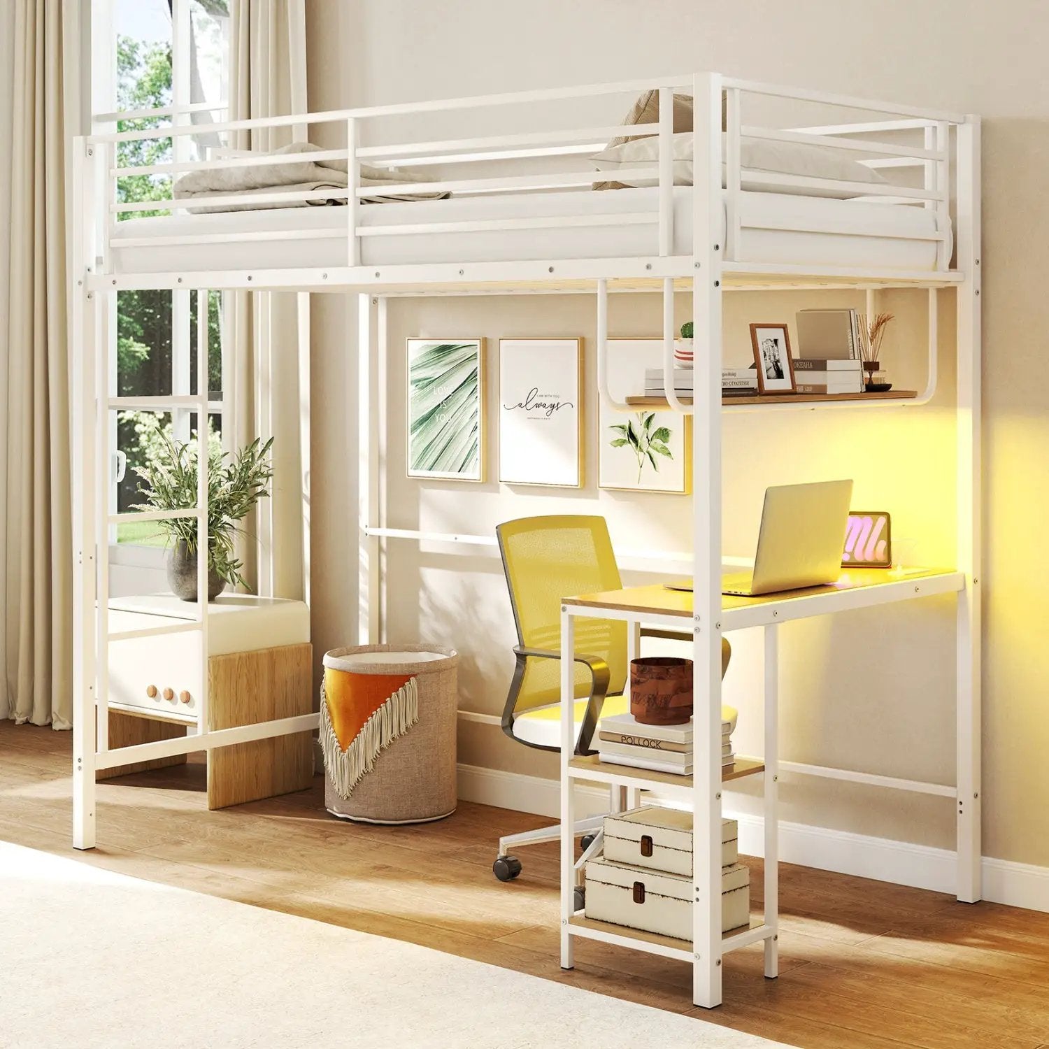 Twin Loft Bed with Desk LED Lights Charging Station Heavy-duty Metal Bed Frame with Guardrail by DirectDeals