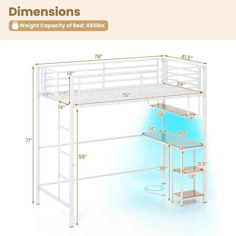 Twin Loft Bed with Desk LED Lights Charging Station Heavy-duty Metal Bed Frame with Guardrail by DirectDeals