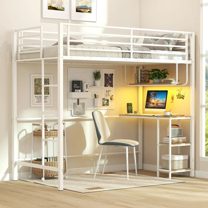 Twin Loft Bed with Desk LED Lights Charging Station Heavy-duty Metal Bed Frame with Guardrail by DirectDeals