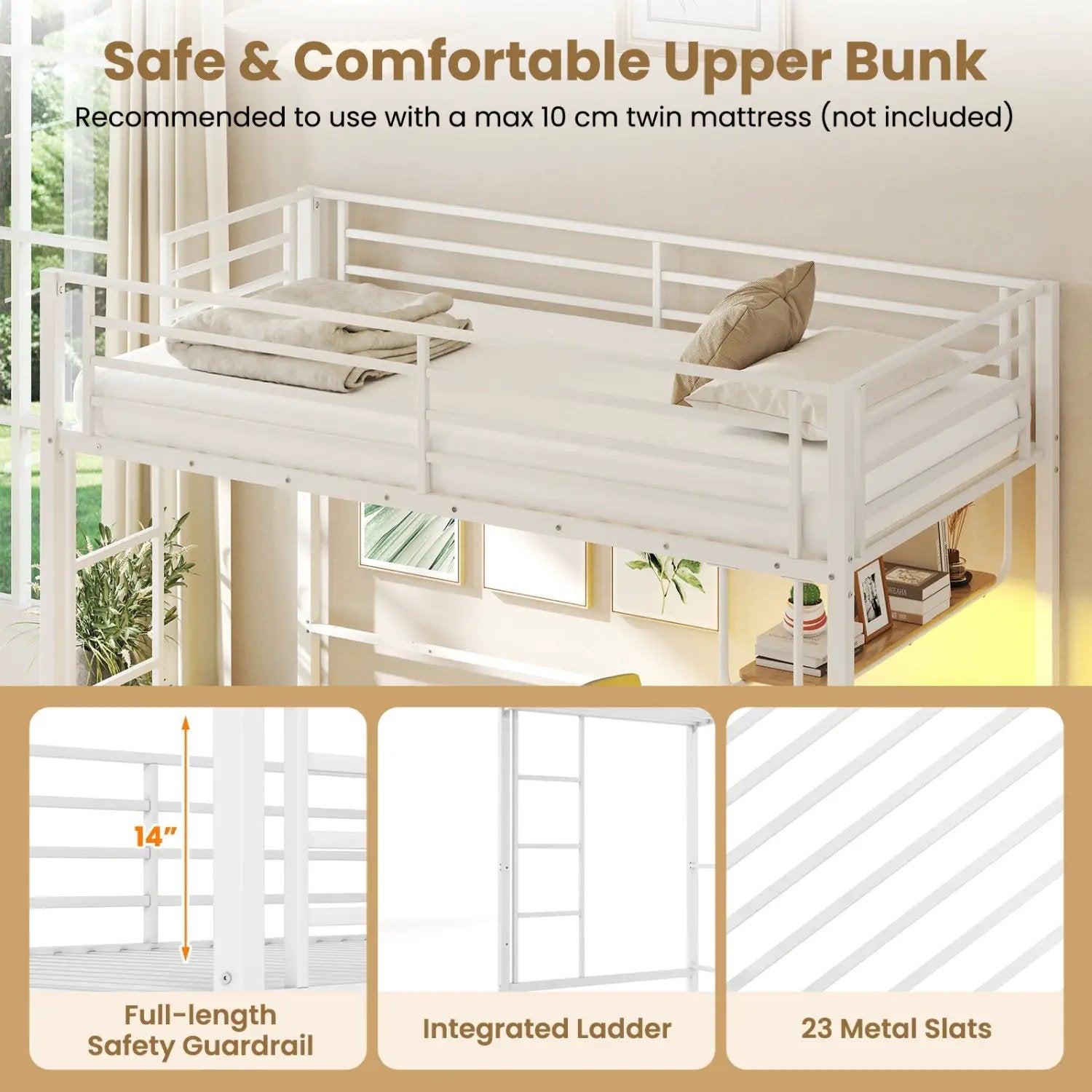 Twin Loft Bed with Desk LED Lights Charging Station Heavy-duty Metal Bed Frame with Guardrail by DirectDeals
