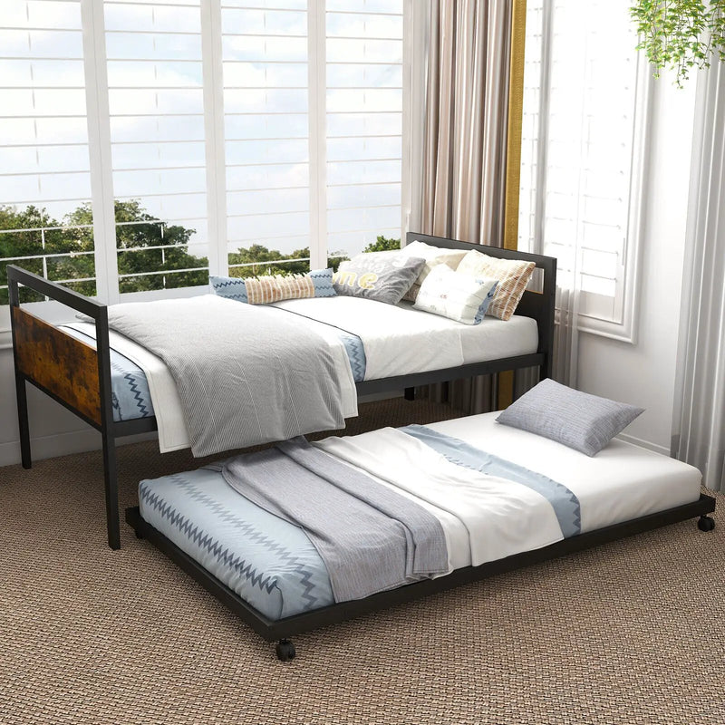 Twin Metal Daybed with Trundle Lockable Wheels-Twin Size by DirectDeals