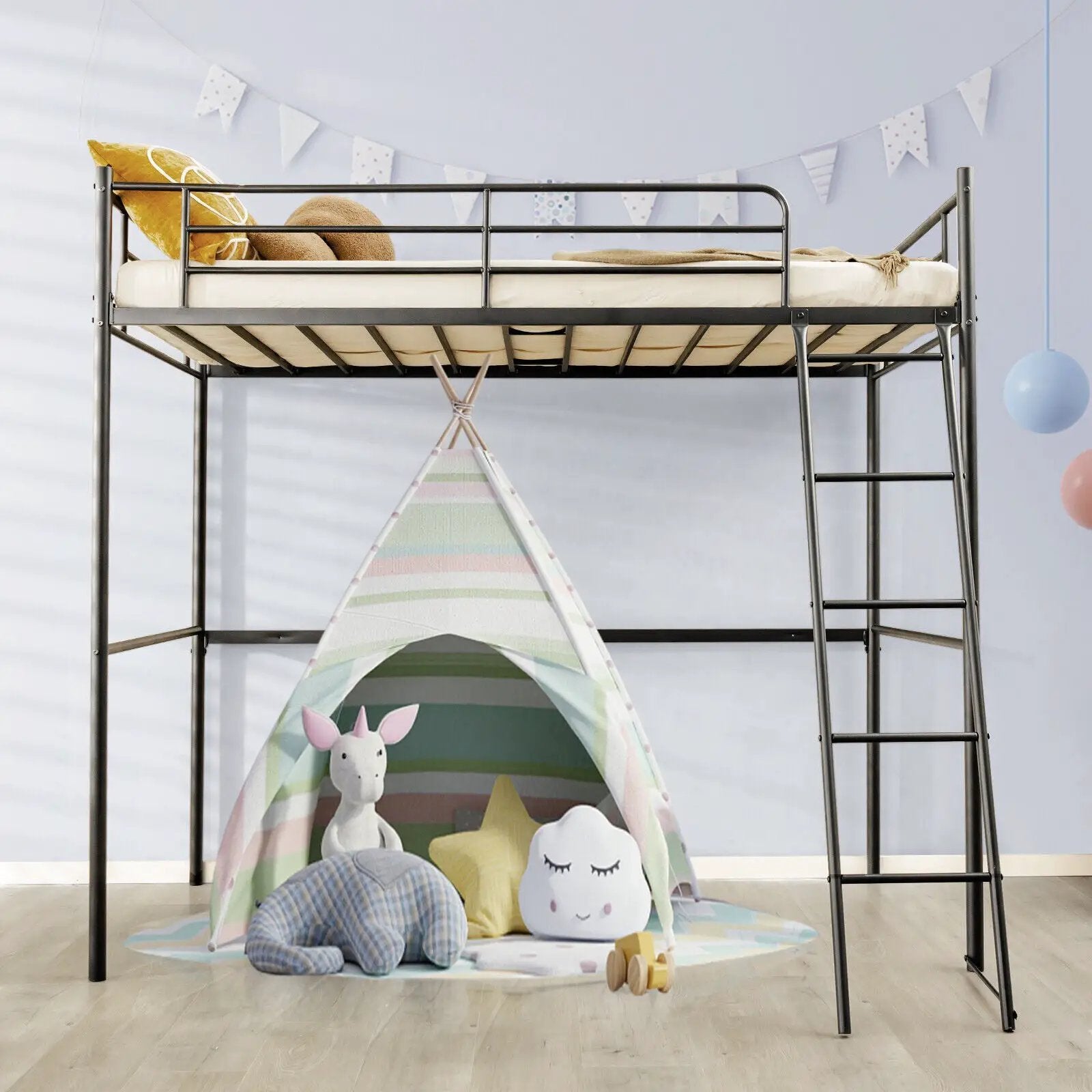 Twin Metal Loft Bed with Ladderand High Guard Rails by DirectDeals