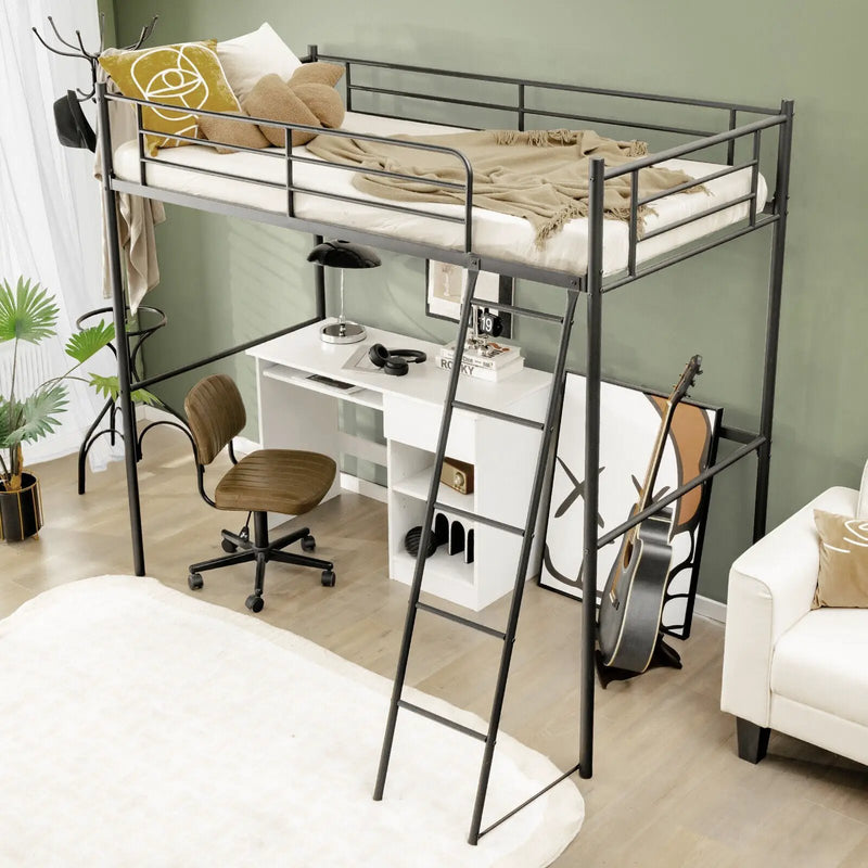 Twin Metal Loft Bed with Ladderand High Guard Rails by DirectDeals