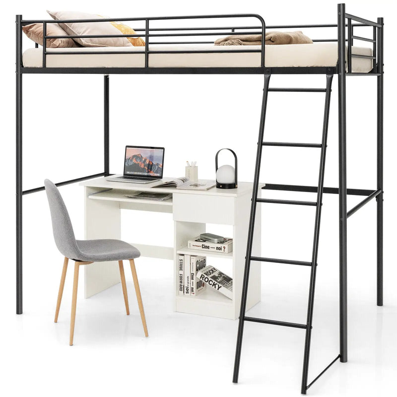 Twin Metal Loft Bed with Ladderand High Guard Rails by DirectDeals