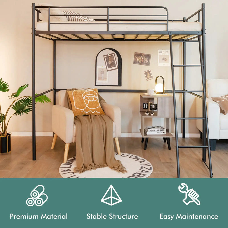 Twin Metal Loft Bed with Ladderand High Guard Rails by DirectDeals