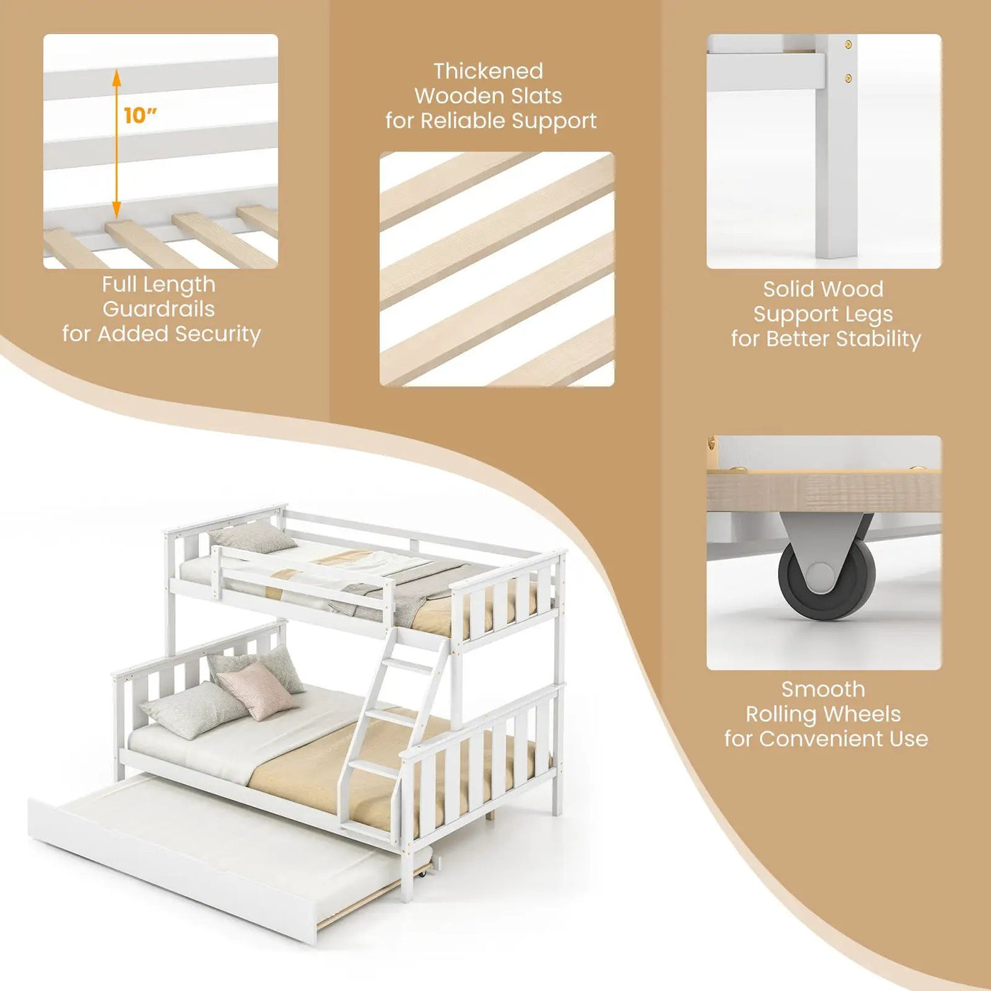 3-in-1 Twin Over Full Bunk Bed with Trundle and Ladder by DirectDeals