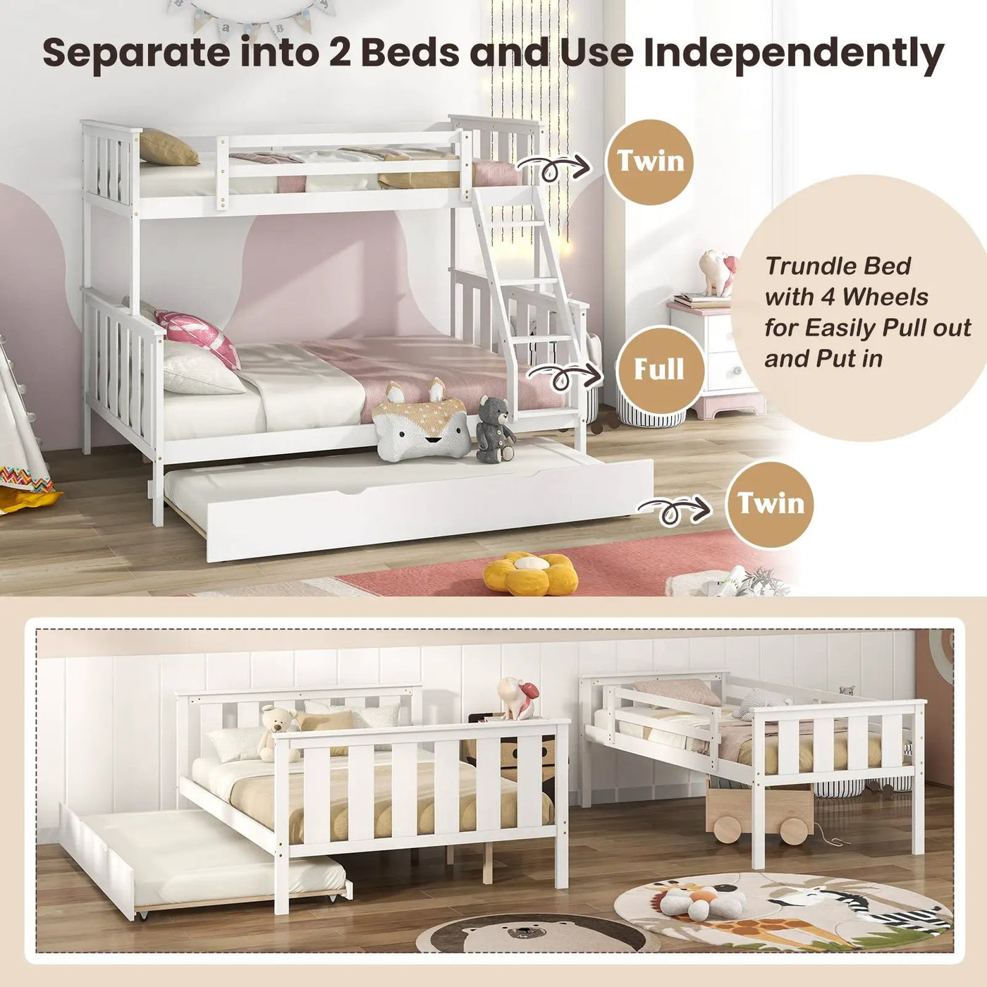 3-in-1 Twin Over Full Bunk Bed with Trundle and Ladder by DirectDeals
