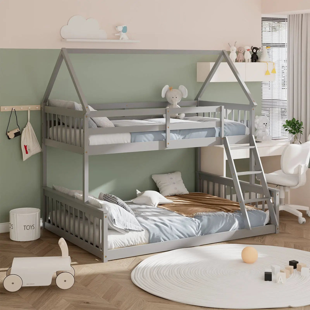 Twin Over Full House Bunk Bed with Ladder and Guardrails by DirectDeals