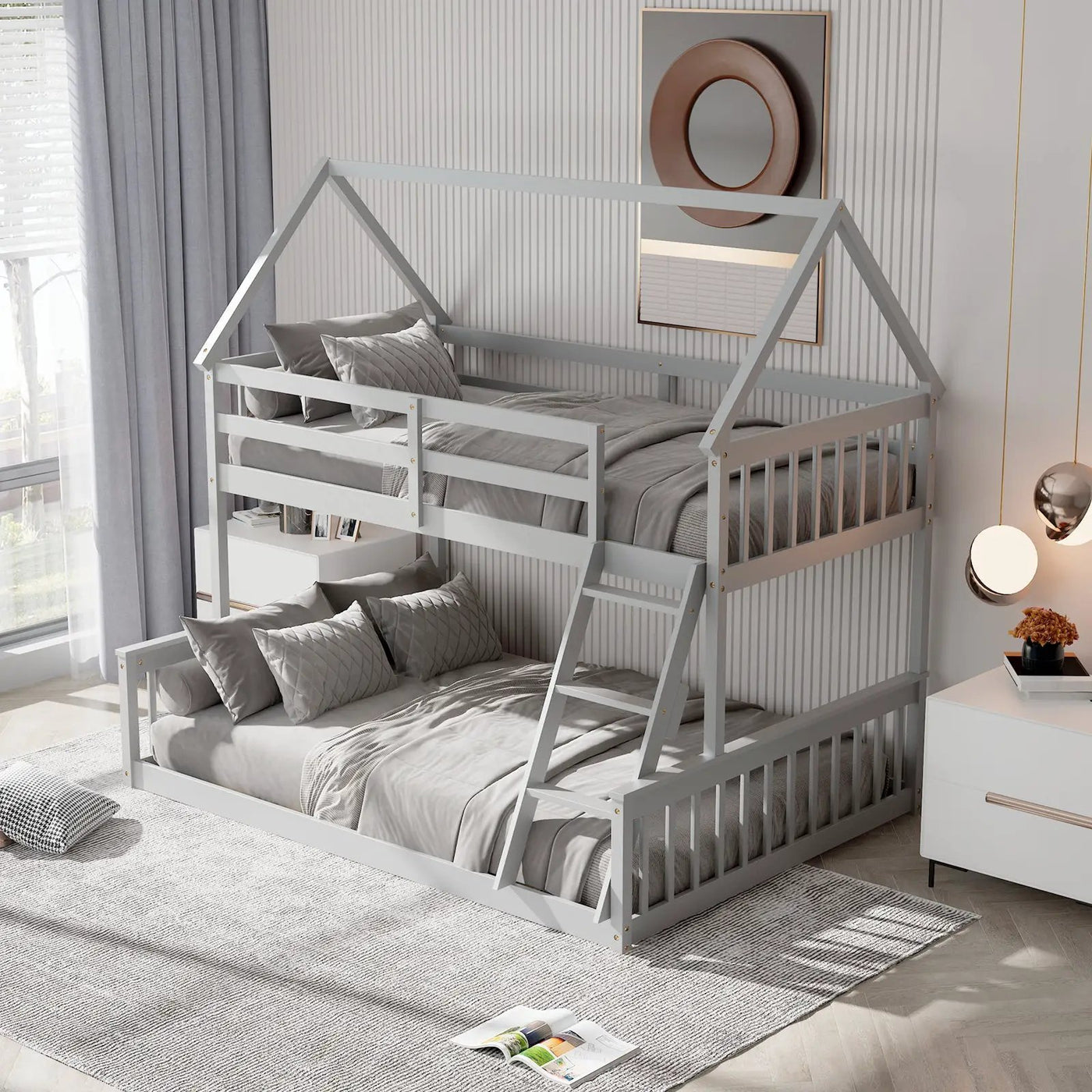 Twin Over Full House Bunk Bed with Ladder and Guardrails by DirectDeals