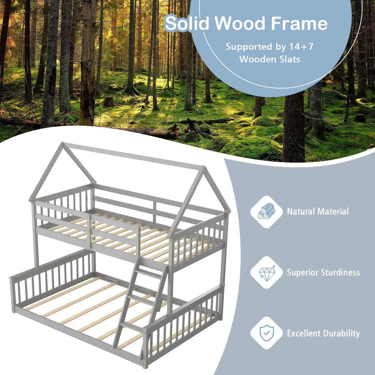 Twin Over Full House Bunk Bed with Ladder and Guardrails by DirectDeals