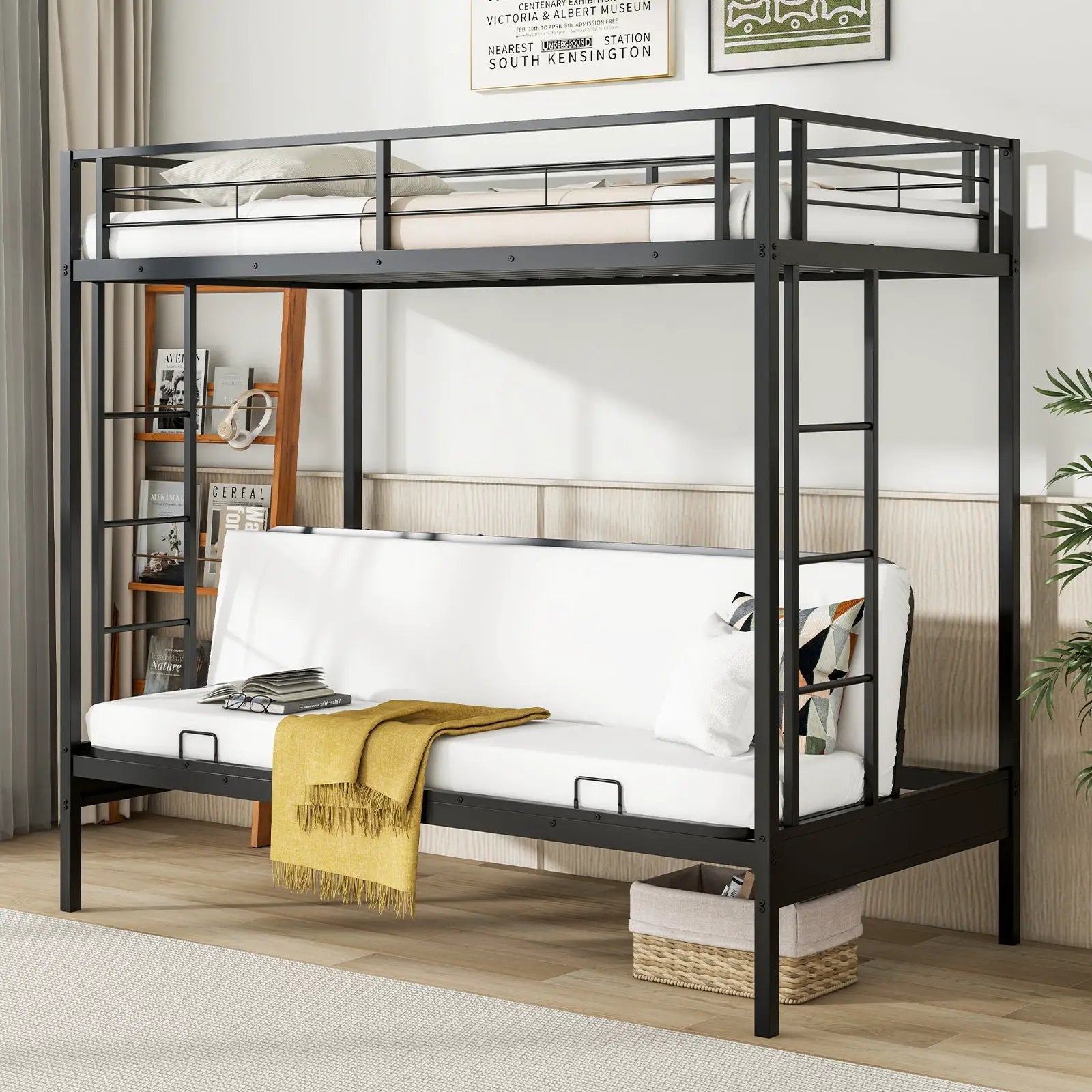 Twin Over Futon Bunk Bed with 2 Ladders and Safety Guardrails-Black by DirectDeals