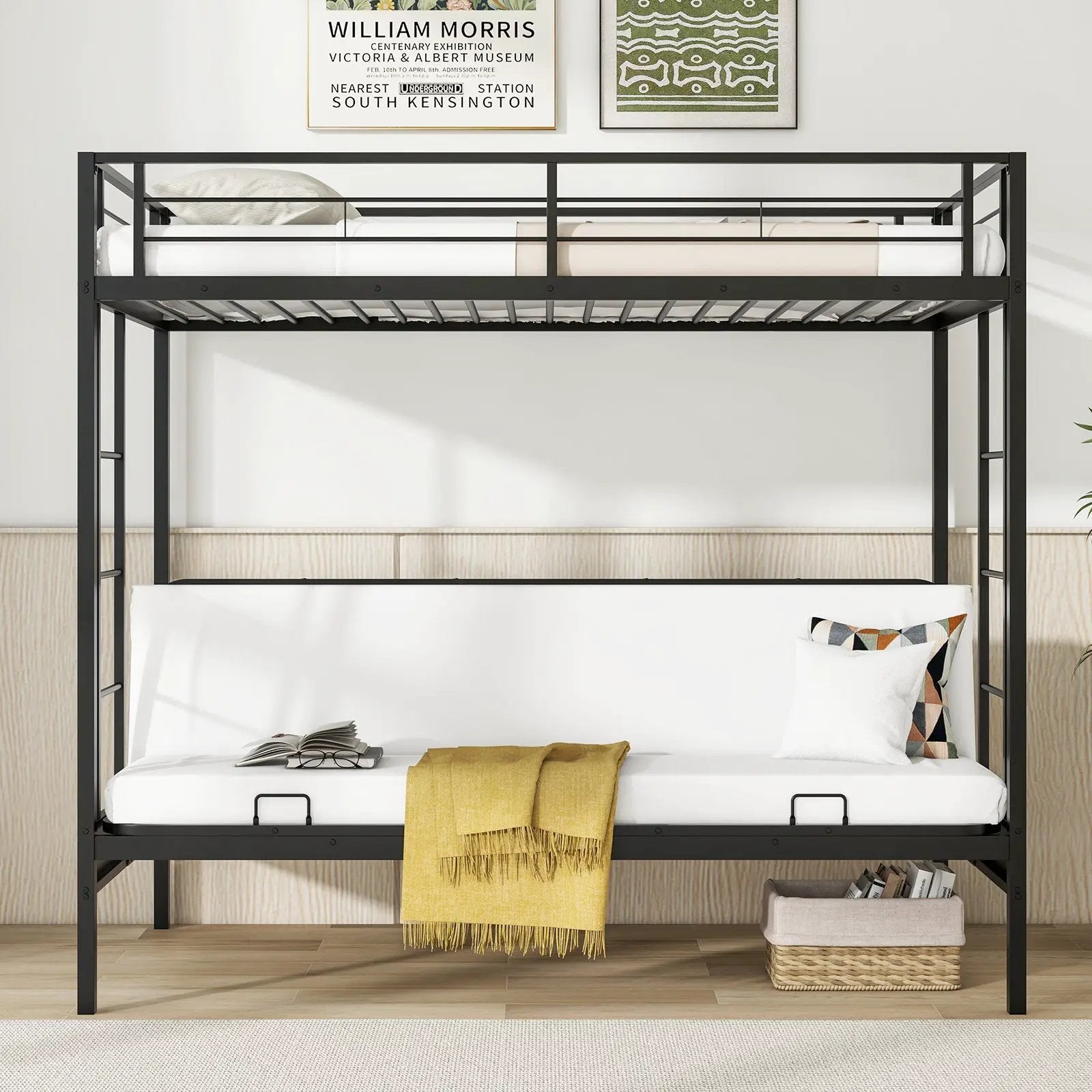 Twin Over Futon Bunk Bed with 2 Ladders and Safety Guardrails-Black by DirectDeals