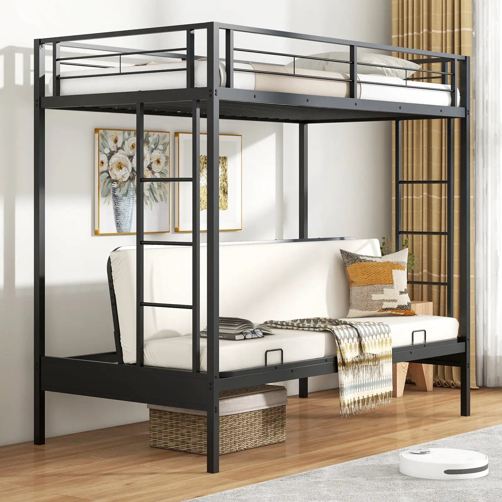 Twin Over Futon Bunk Bed with 2 Ladders and Safety Guardrails-Black by DirectDeals