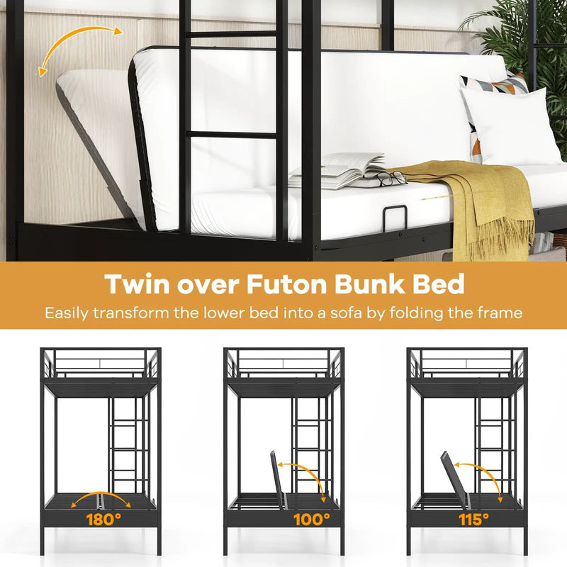 Twin Over Futon Bunk Bed with 2 Ladders and Safety Guardrails-Black by DirectDeals
