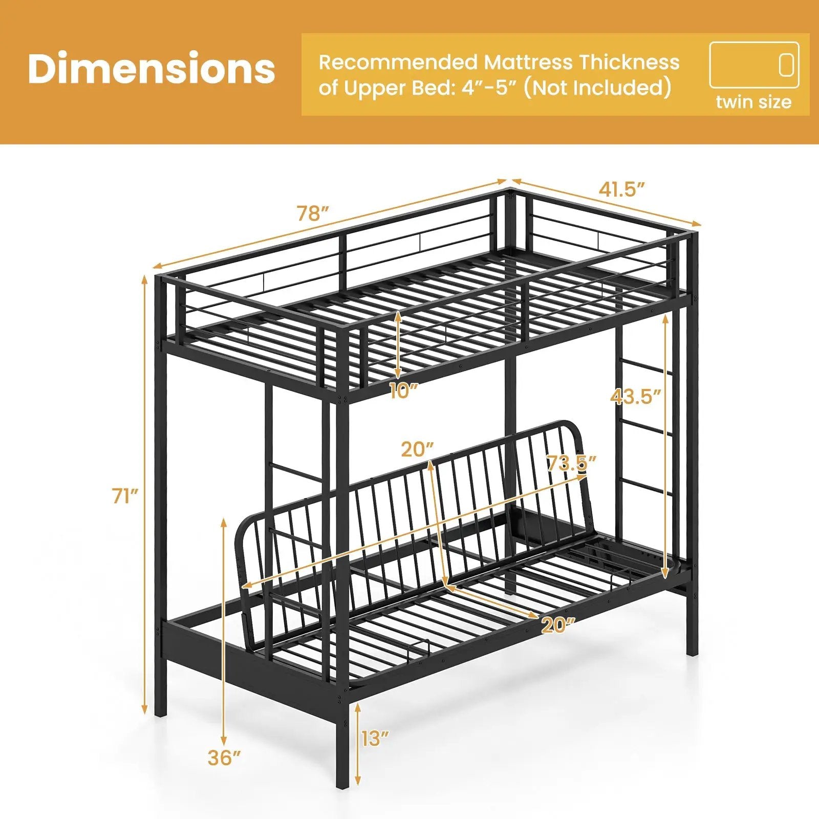Twin Over Futon Bunk Bed with 2 Ladders and Safety Guardrails-Black by DirectDeals