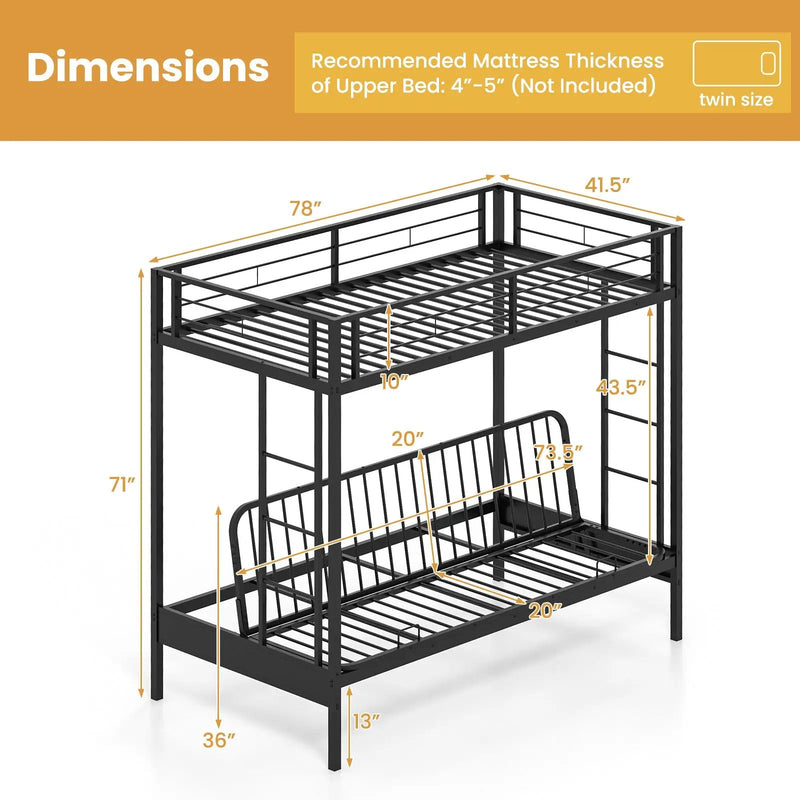 Twin Over Futon Bunk Bed with 2 Ladders and Safety Guardrails-Black by DirectDeals