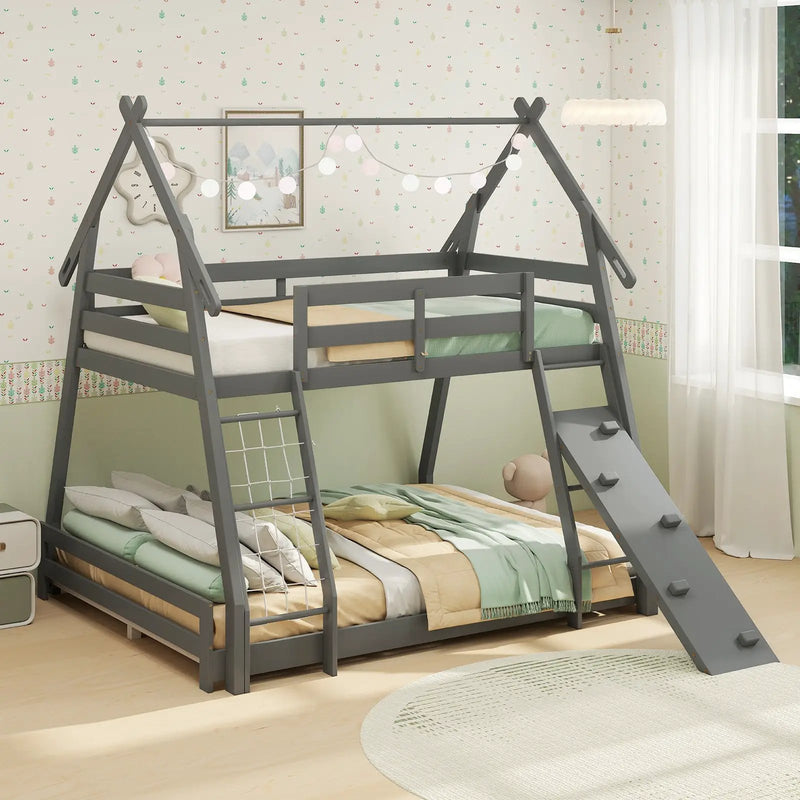 Twin Over Queen Bunk Bed Wooden Kids Bed with Climbing Nets and Ramp by DirectDeals