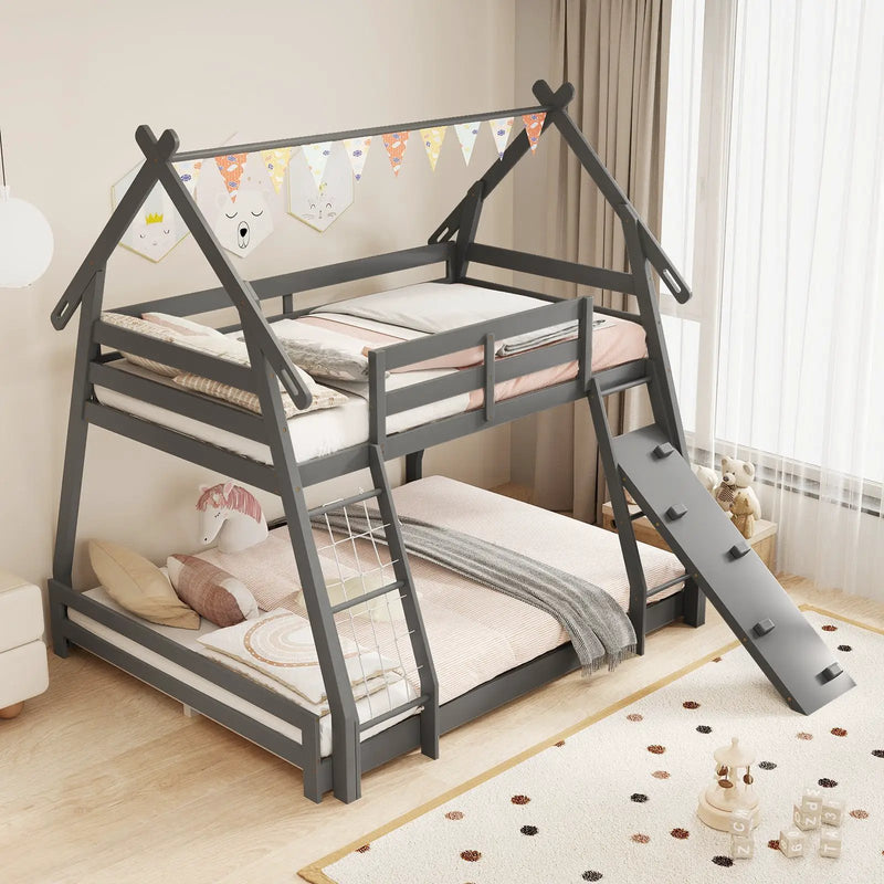 Twin Over Queen Bunk Bed Wooden Kids Bed with Climbing Nets and Ramp by DirectDeals