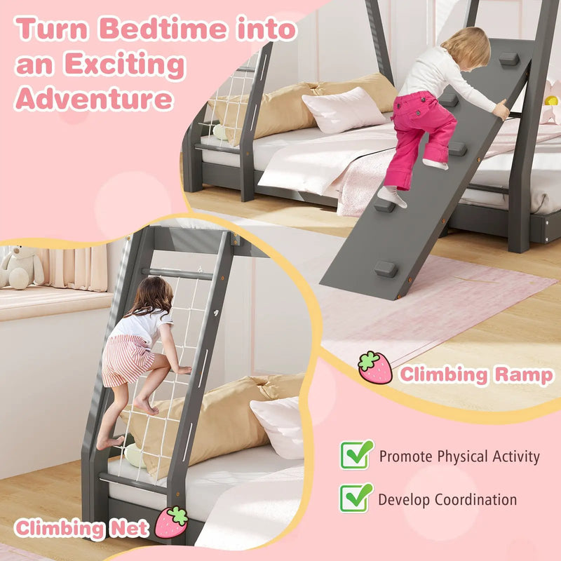 Twin Over Queen Bunk Bed Wooden Kids Bed with Climbing Nets and Ramp by DirectDeals