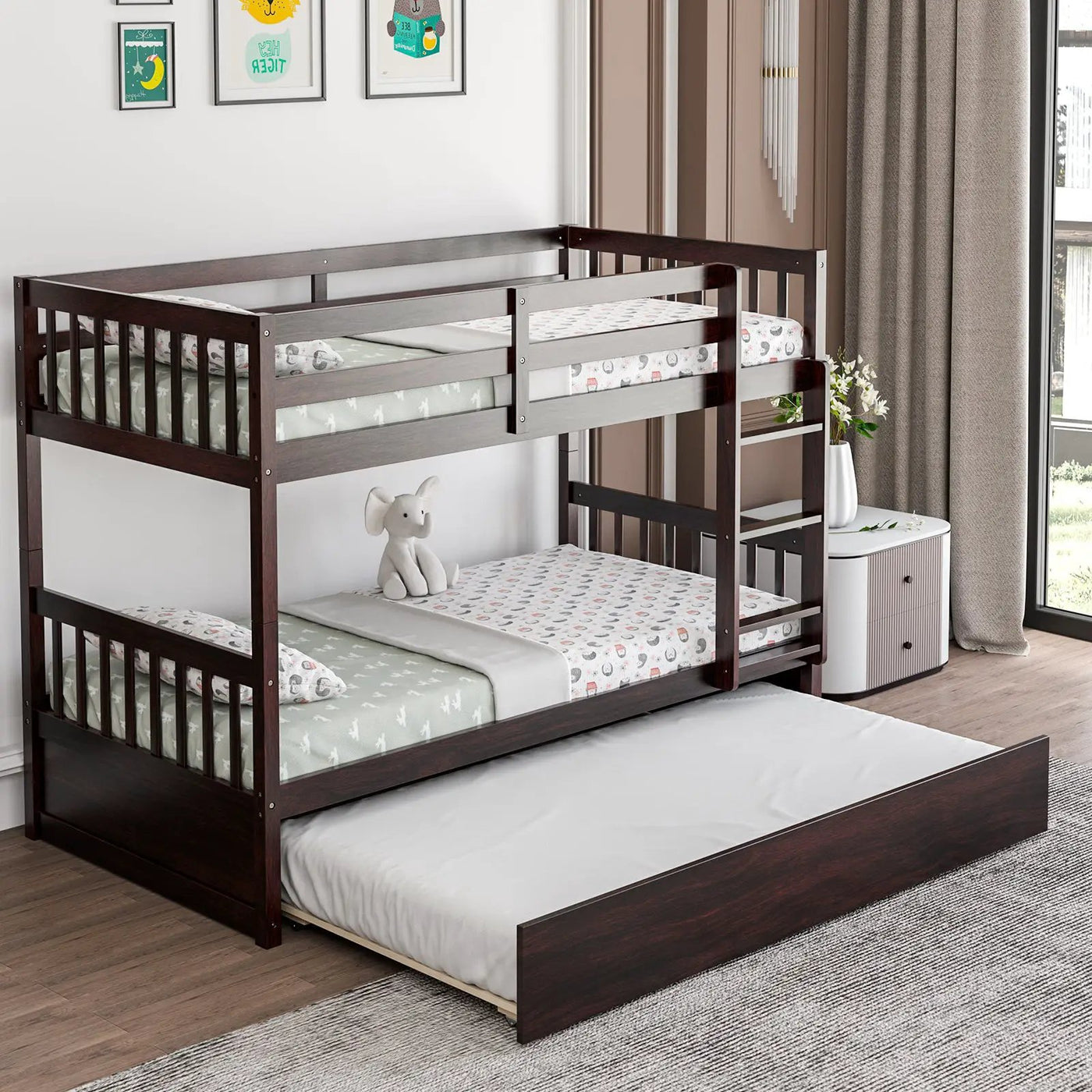 Twin Over Twin Bunk Bed with Pull-out Trundle and Ladder by DirectDeals