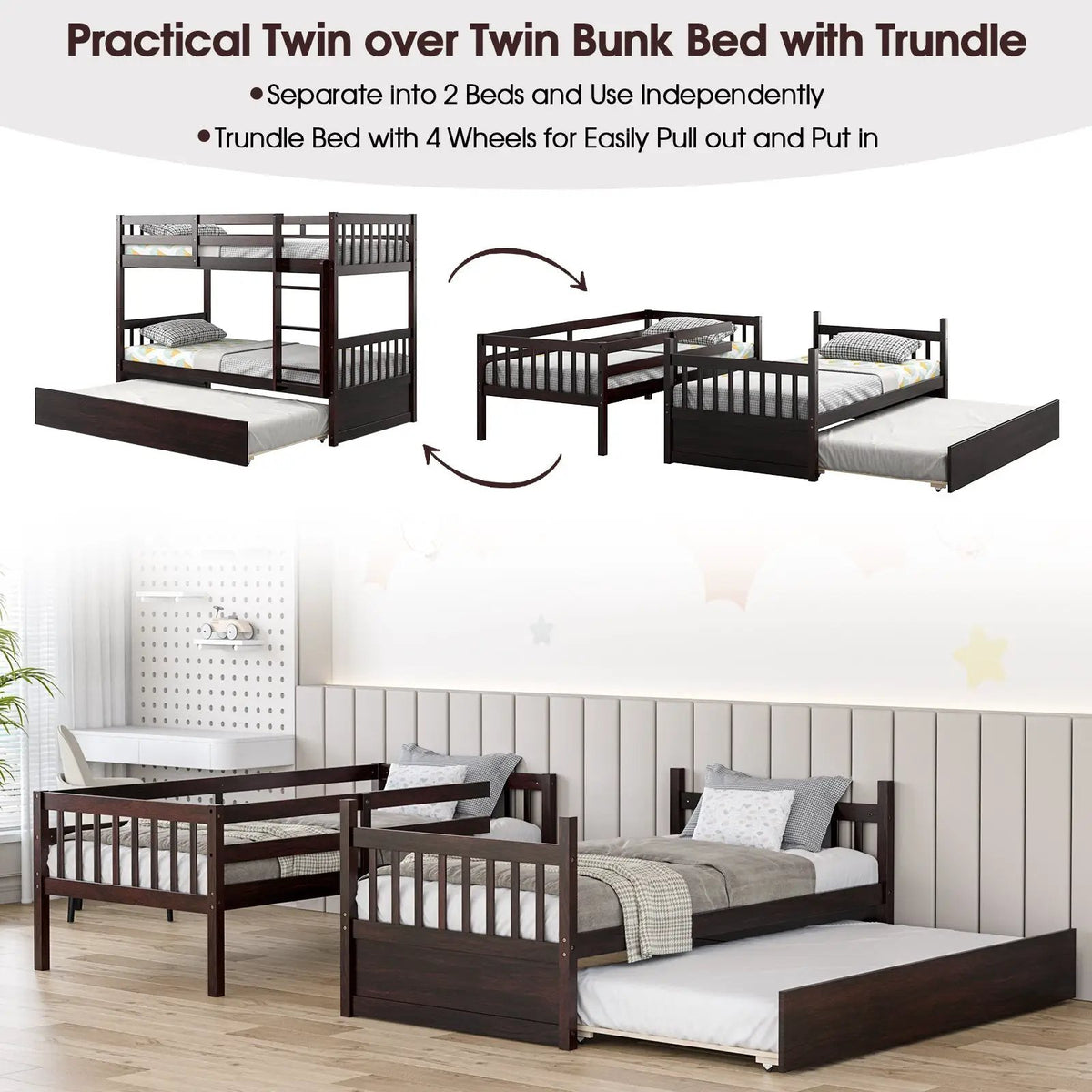 Twin Over Twin Bunk Bed with Pull-out Trundle and Ladder by DirectDeals