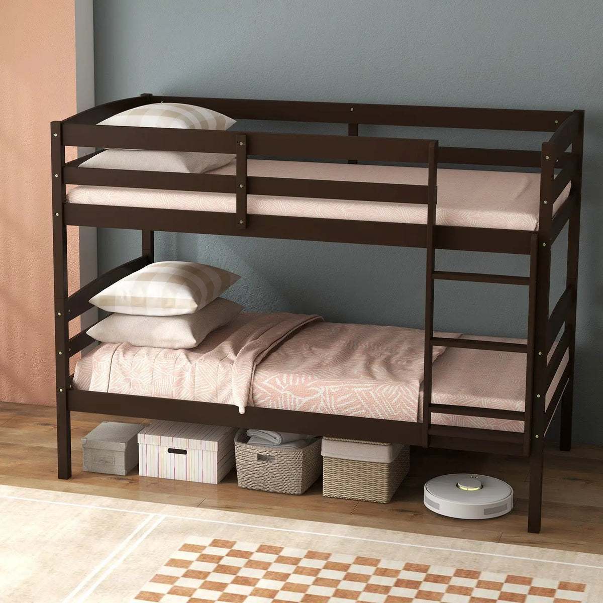 Solid Wood Twin Over Twin Bunk Bed Frame with High Guardrails and Integrated Ladder by DirectDeals