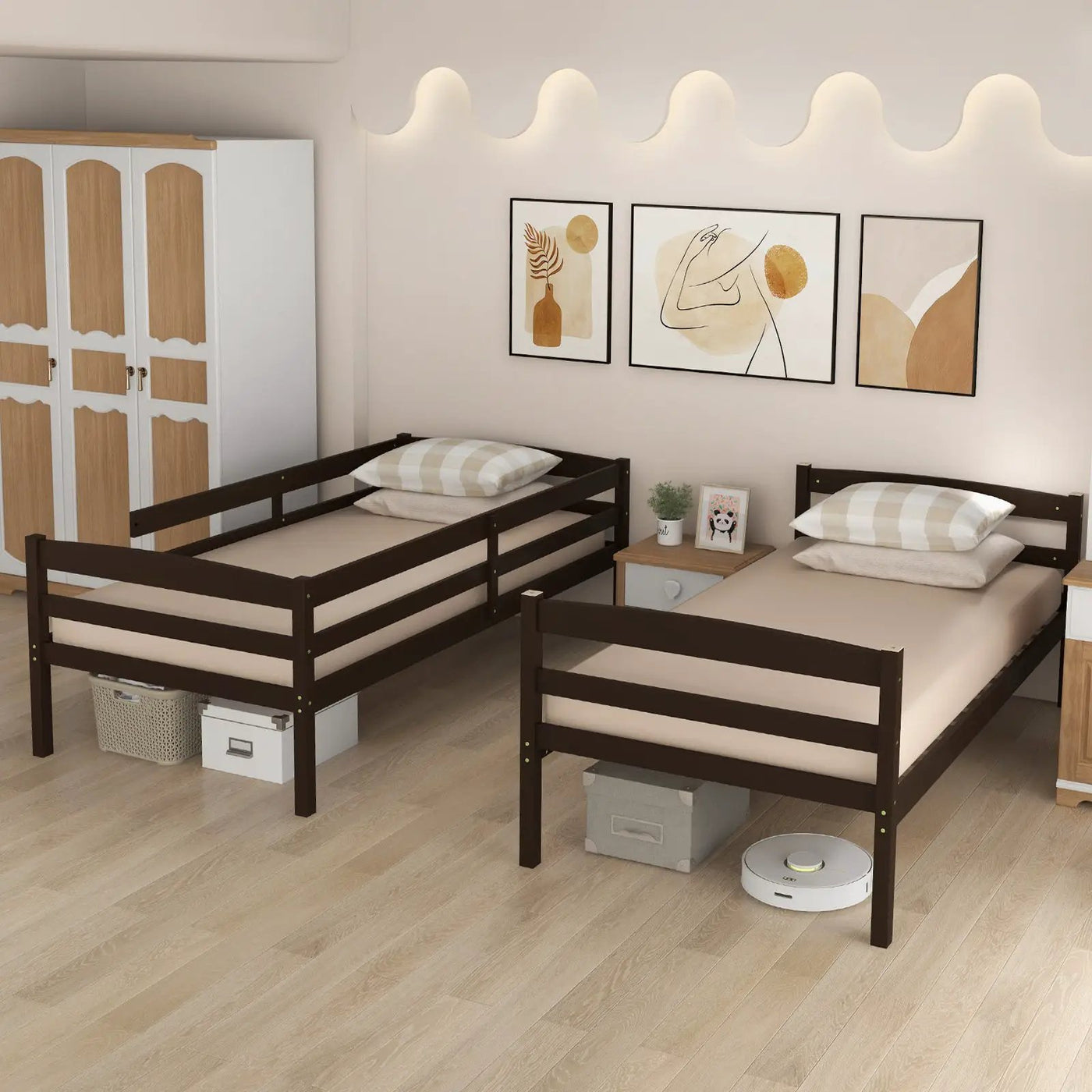Solid Wood Twin Over Twin Bunk Bed Frame with High Guardrails and Integrated Ladder by DirectDeals