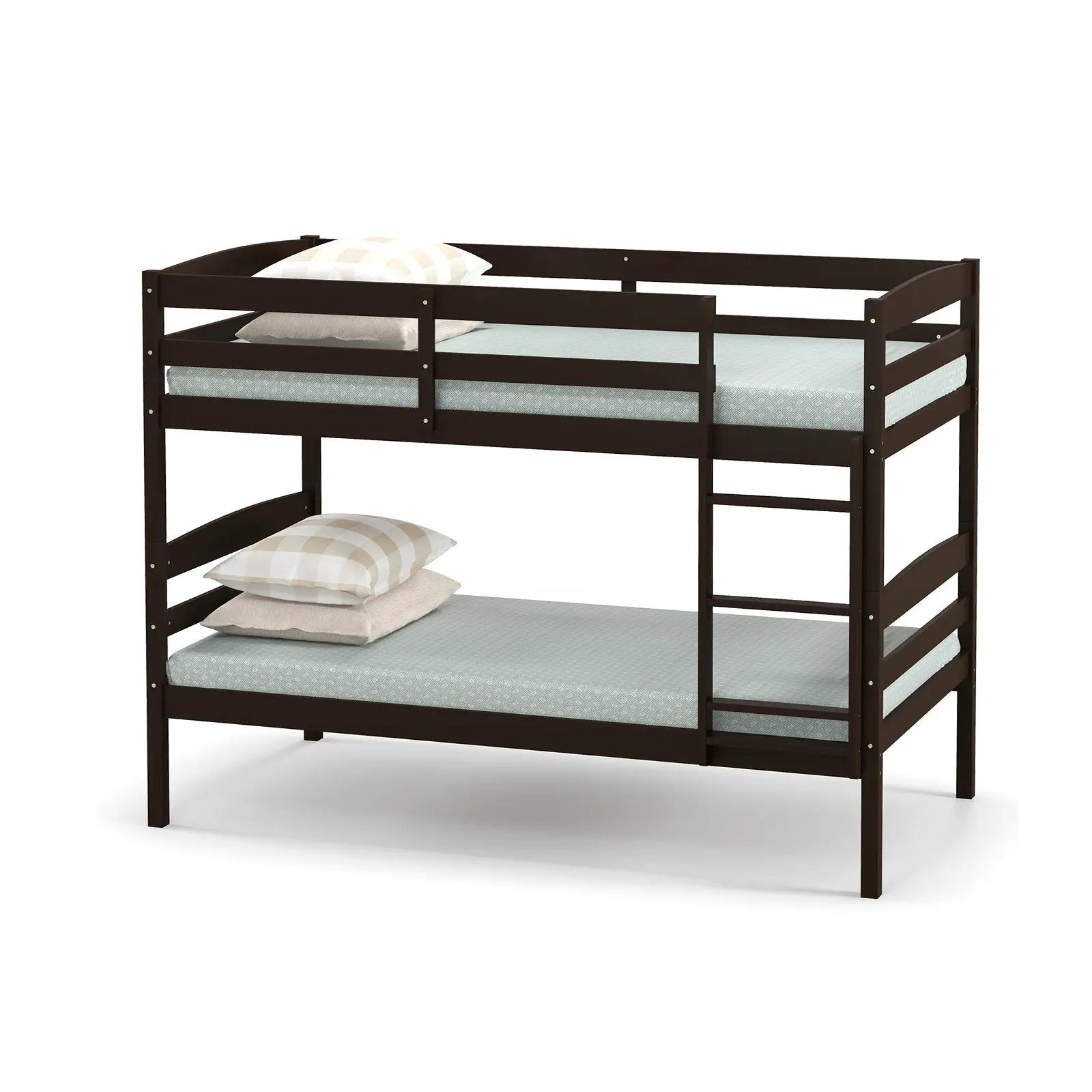 Solid Wood Twin Over Twin Bunk Bed Frame with High Guardrails and Integrated Ladder by DirectDeals