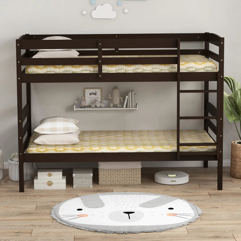Solid Wood Twin Over Twin Bunk Bed Frame with High Guardrails and Integrated Ladder by DirectDeals