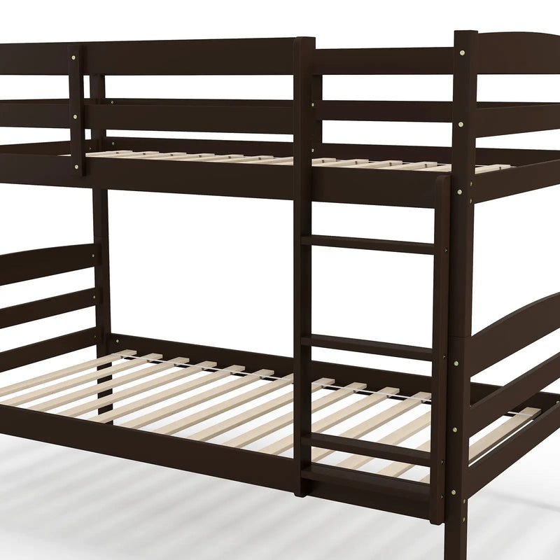 Solid Wood Twin Over Twin Bunk Bed Frame with High Guardrails and Integrated Ladder by DirectDeals