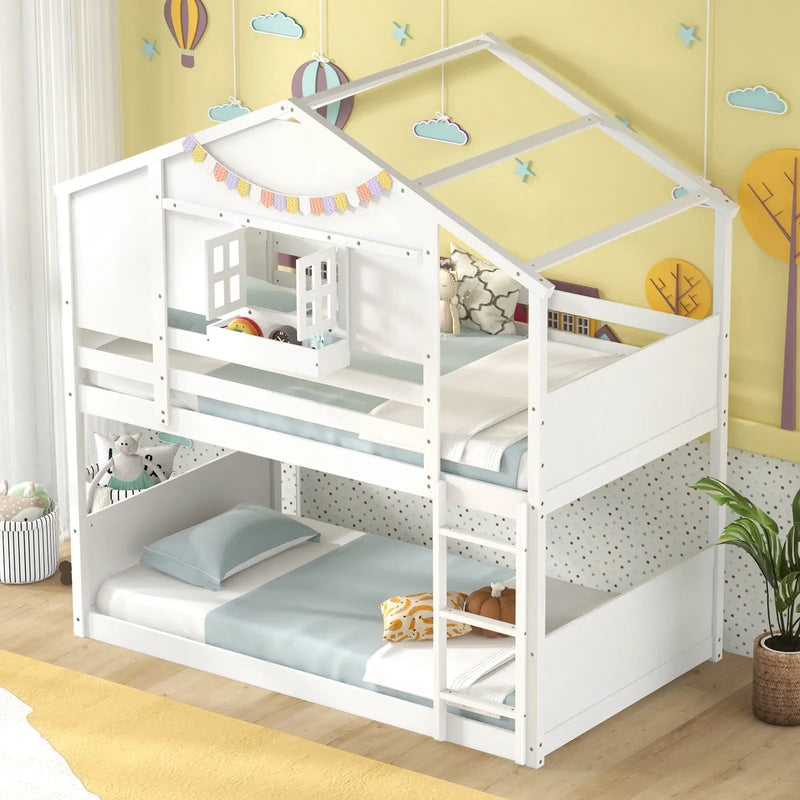 Twin Over Twin Bunk Bed for Kids with Roof and Lockable Window-White by DirectDeals