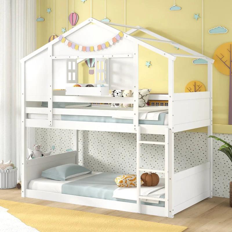 Twin Over Twin Bunk Bed for Kids with Roof and Lockable Window-White by DirectDeals