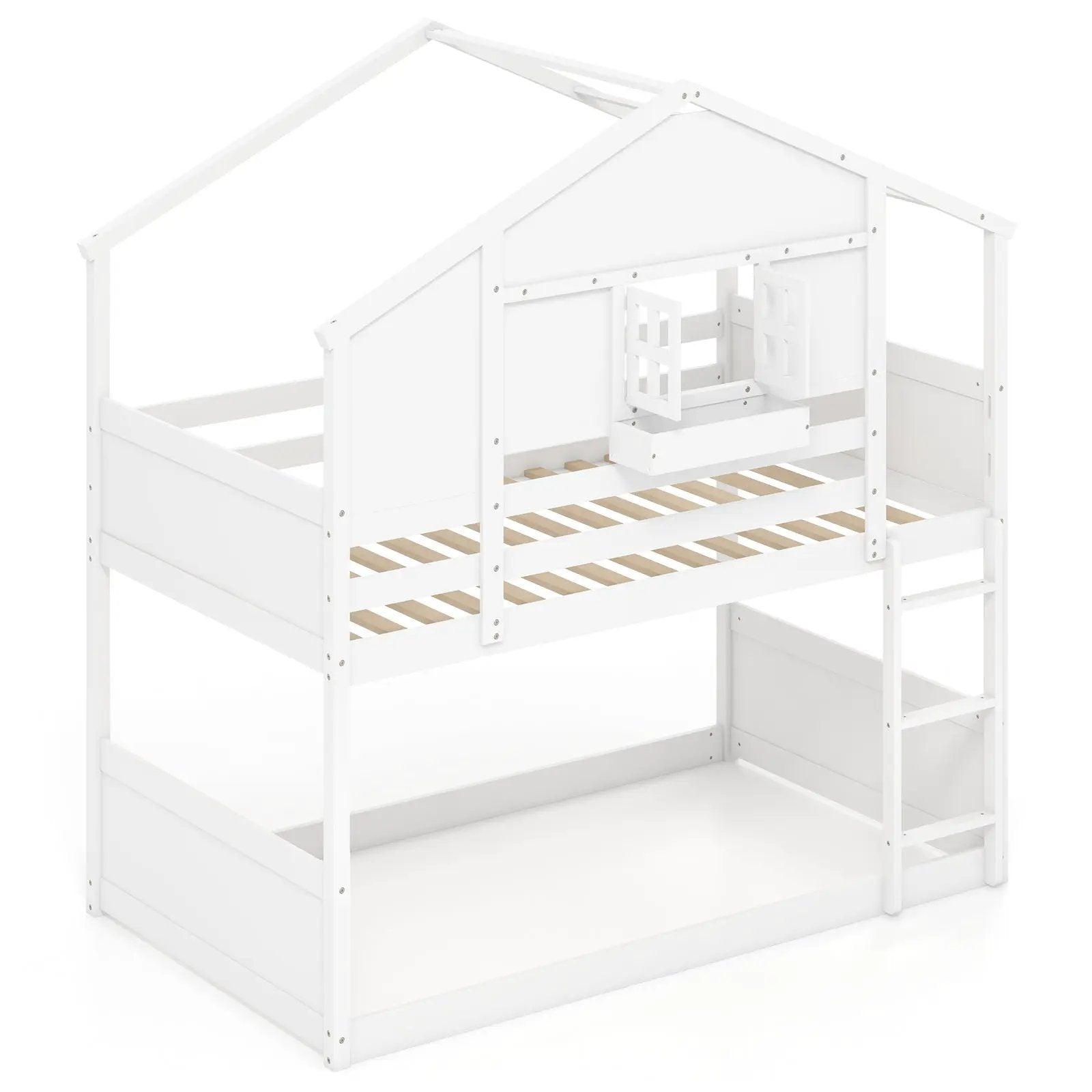 Twin Over Twin Bunk Bed for Kids with Roof and Lockable Window-White by DirectDeals