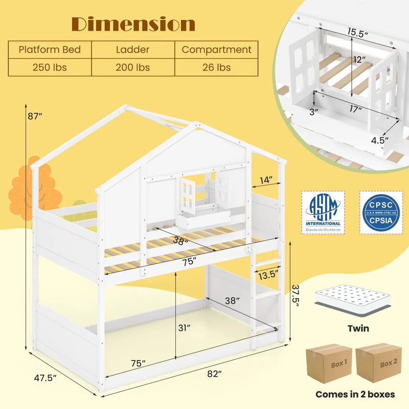 Twin Over Twin Bunk Bed for Kids with Roof and Lockable Window-White by DirectDeals