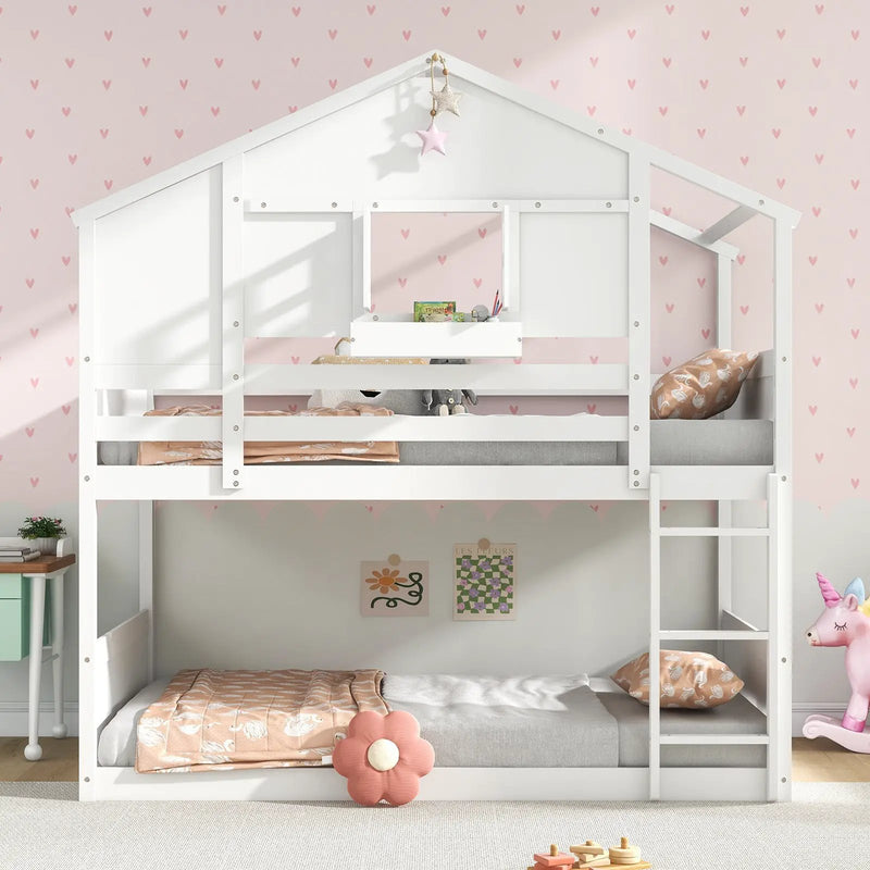Twin Over Twin Bunk Bed for Kids with Roof and Lockable Window-White by DirectDeals
