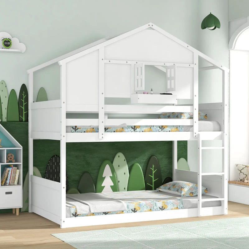 Twin Over Twin Bunk Bed for Kids with Roof and Lockable Window-White by DirectDeals