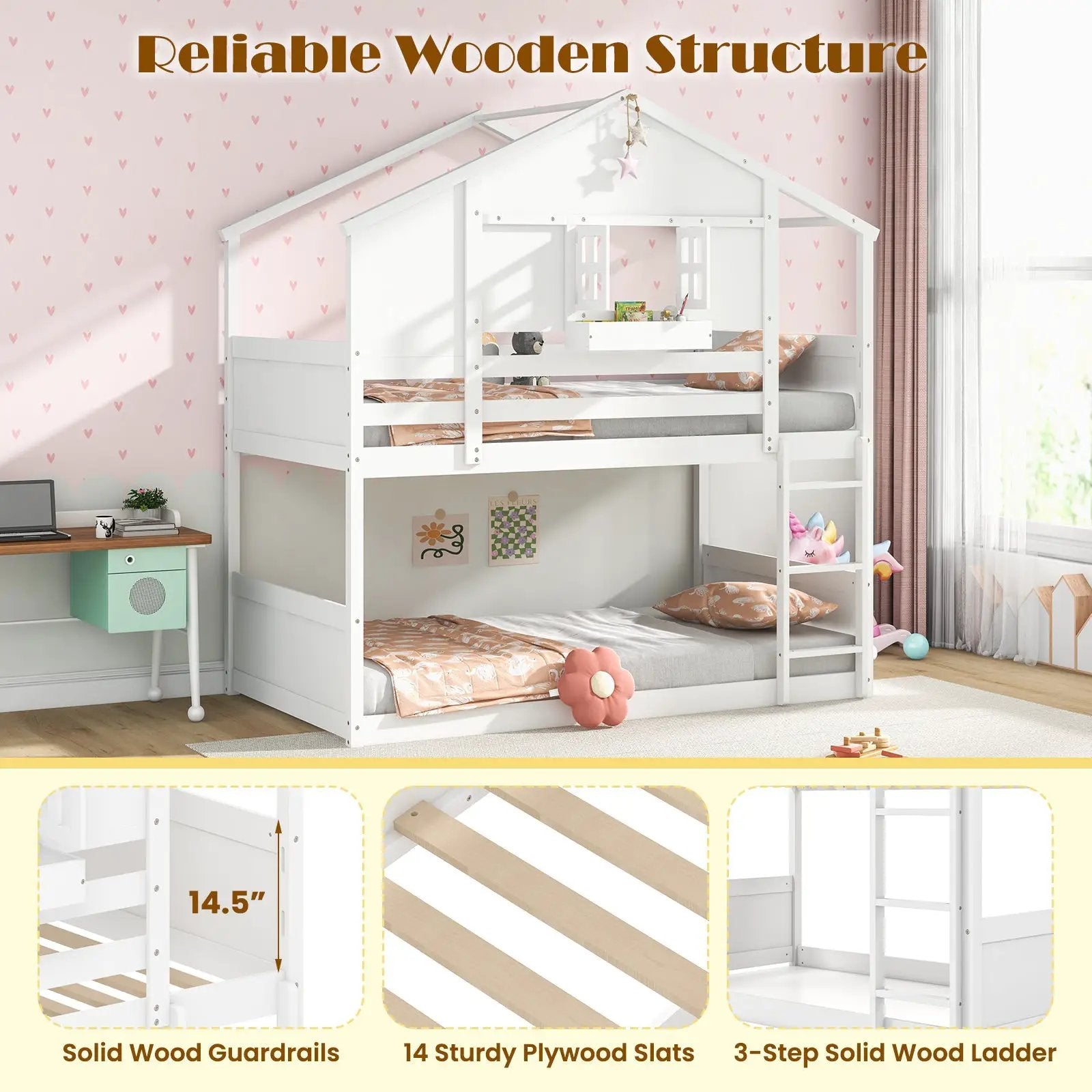 Twin Over Twin Bunk Bed for Kids with Roof and Lockable Window-White by DirectDeals