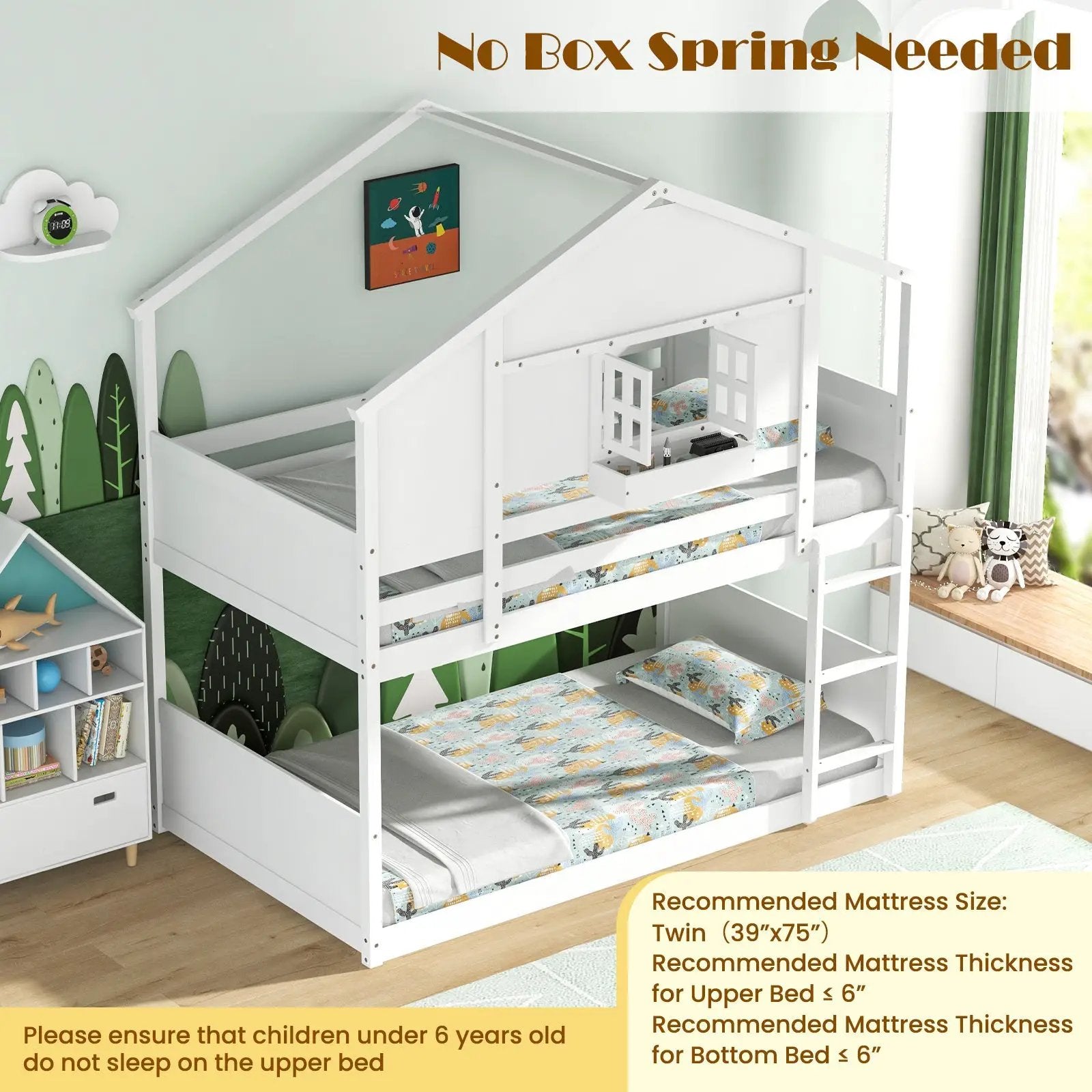 Twin Over Twin Bunk Bed for Kids with Roof and Lockable Window-White by DirectDeals