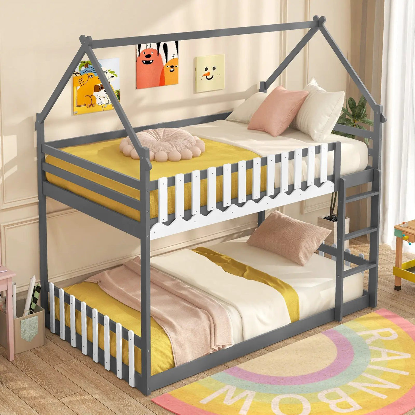 Twin Over Twin Bunk Bed with Fence and Ladder for Kids by DirectDeals