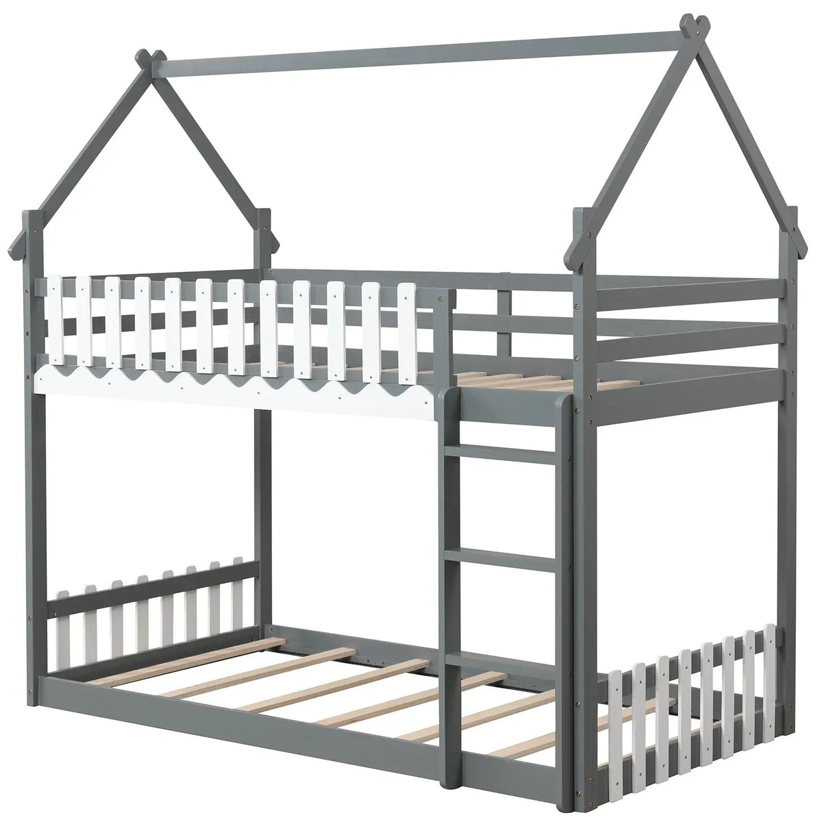 Twin Over Twin Bunk Bed with Fence and Ladder for Kids by DirectDeals