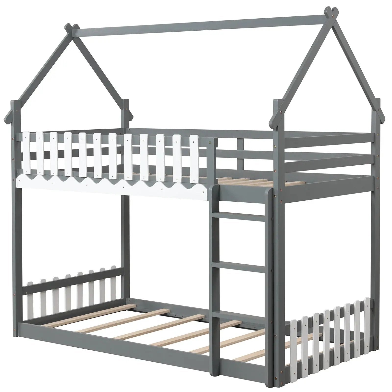 Twin Over Twin Bunk Bed with Fence and Ladder for Kids by DirectDeals