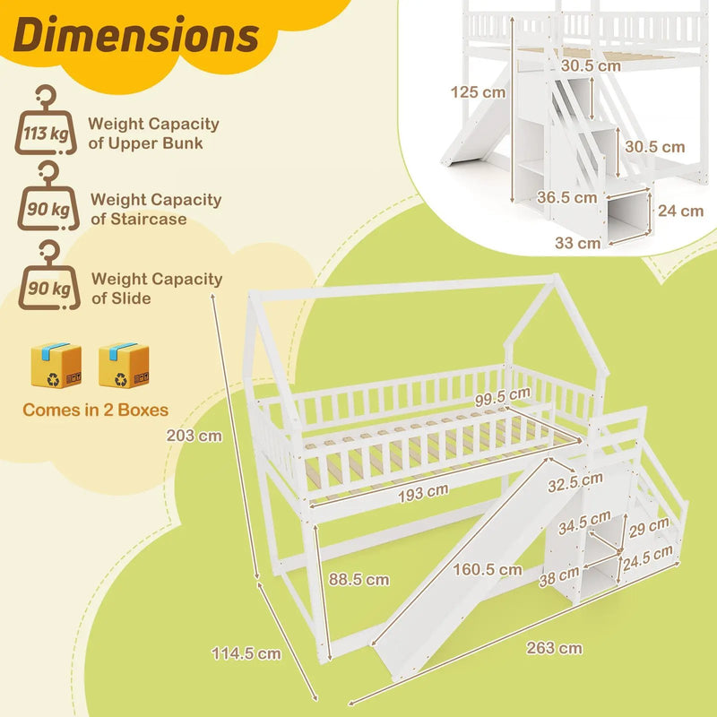 Twin Over Twin Bunk Bed with Slide and Staircase-White by DirectDeals