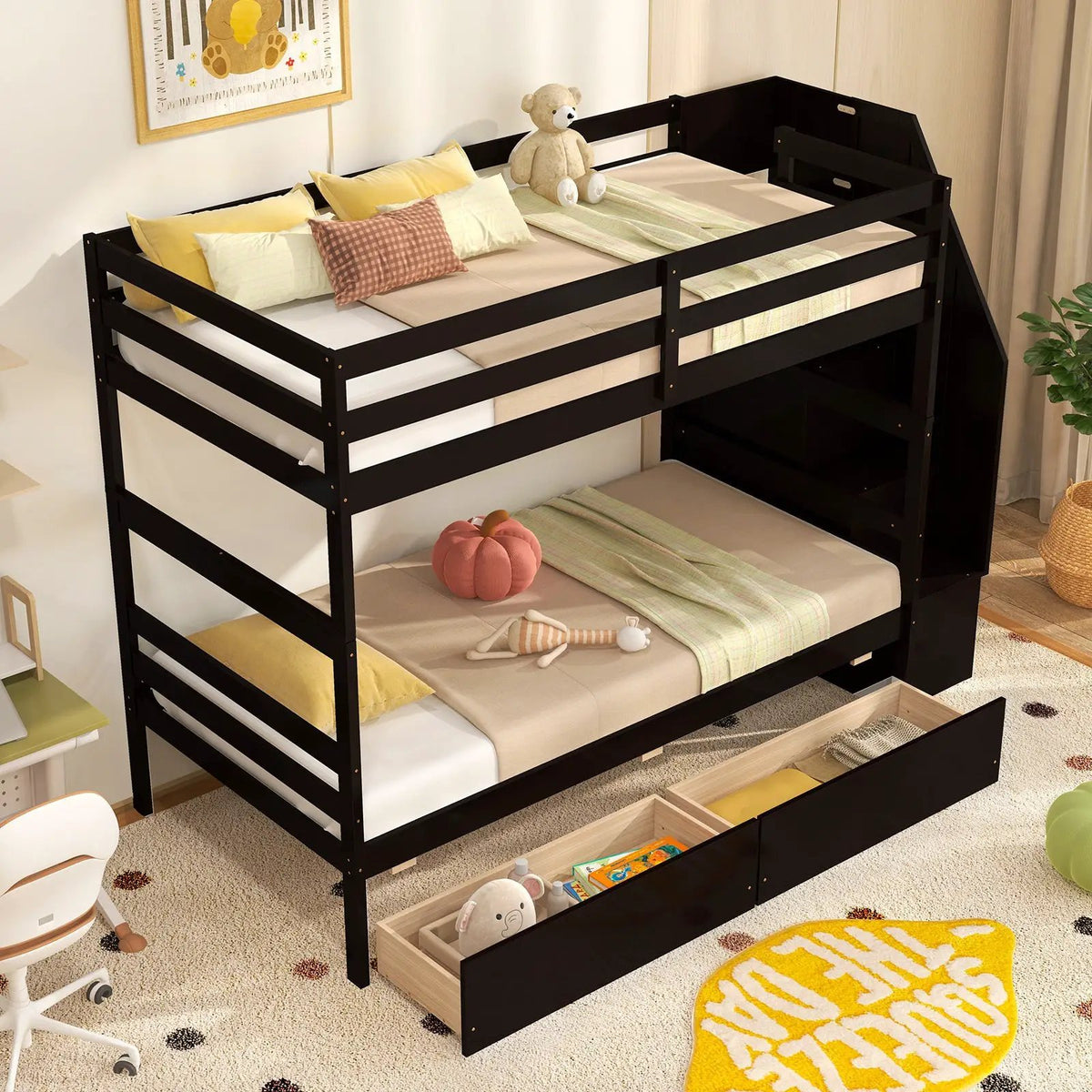Twin Over Twin Bunk Bed with Storage Stairs and Drawers by DirectDeals